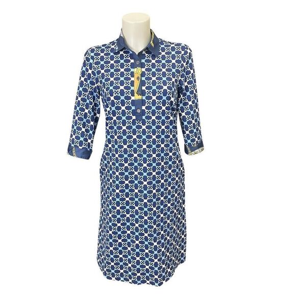 J.MCLAUGHLIN Elena Catalina Cloth Polo Shift Dress Blue‎ Geometric Print XS NEW - Picture 1 of 10